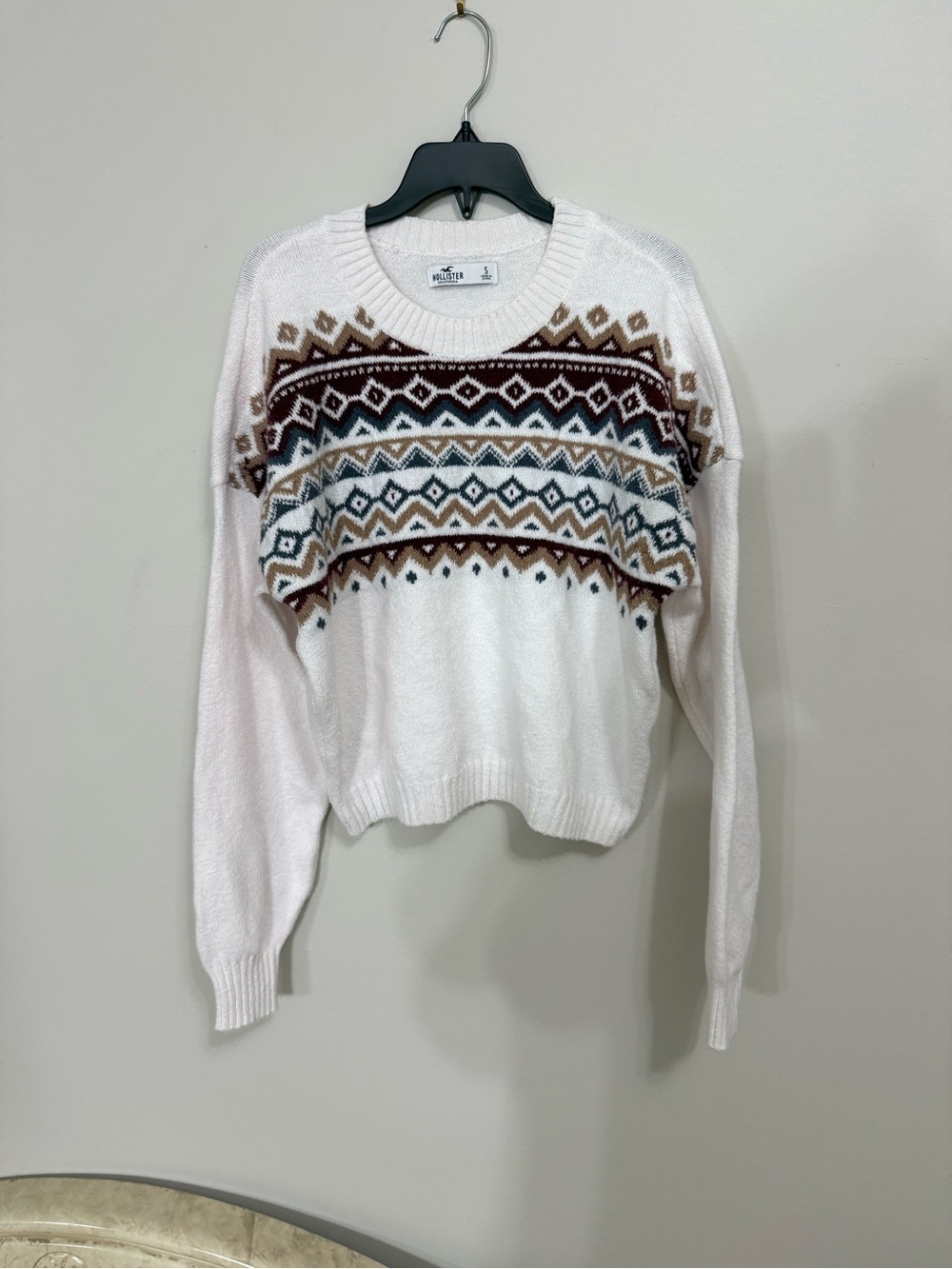 HOLLISTER Womens White Fair Isle Sweater Cropped Knit Crewneck Pullover Small